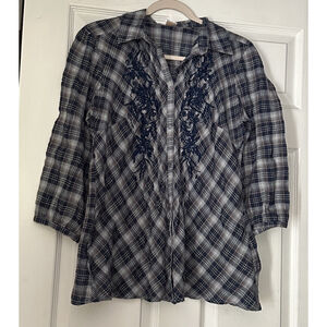 Zoe D. Top Womens M Cotton Blend Pintuck Top Blue Plaid Embroidered Western Boho